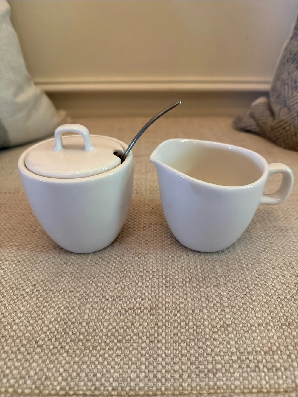 Starbucks White Ceramic Sugar Bowl and Creamer Set with spoon.